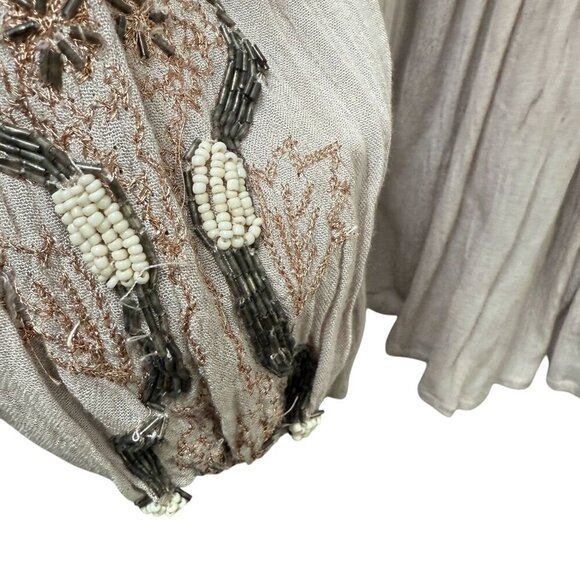 FREE PEOPLE Flowy Blouse XS Oversized Rayon Long Sleeve Boho Top Beaded Beige - Picture 11 of 14